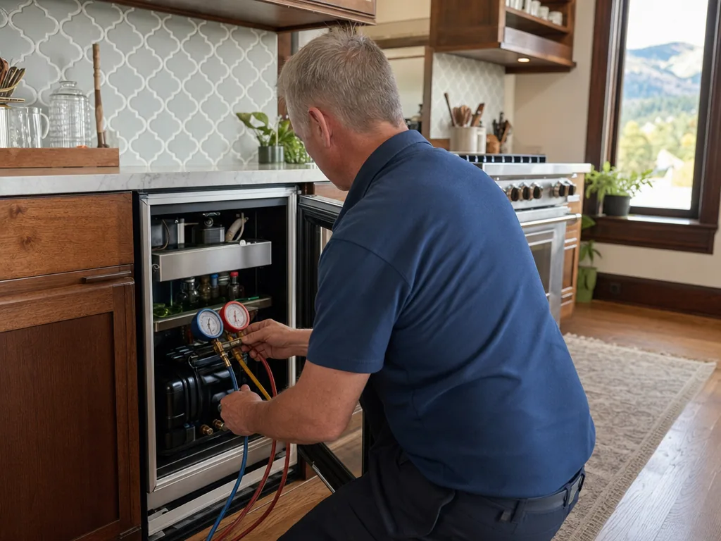 Technician repairing a built-in beverage center in a Denver kitchen