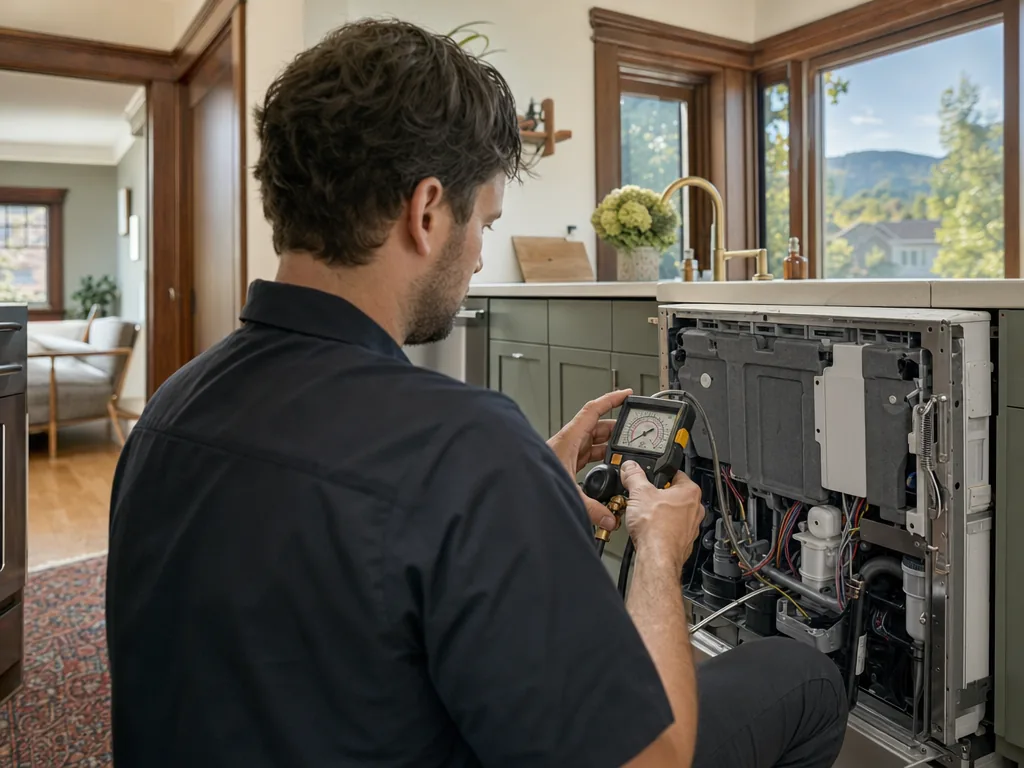 Technician servicing a Bosch built-in appliance in a Denver home