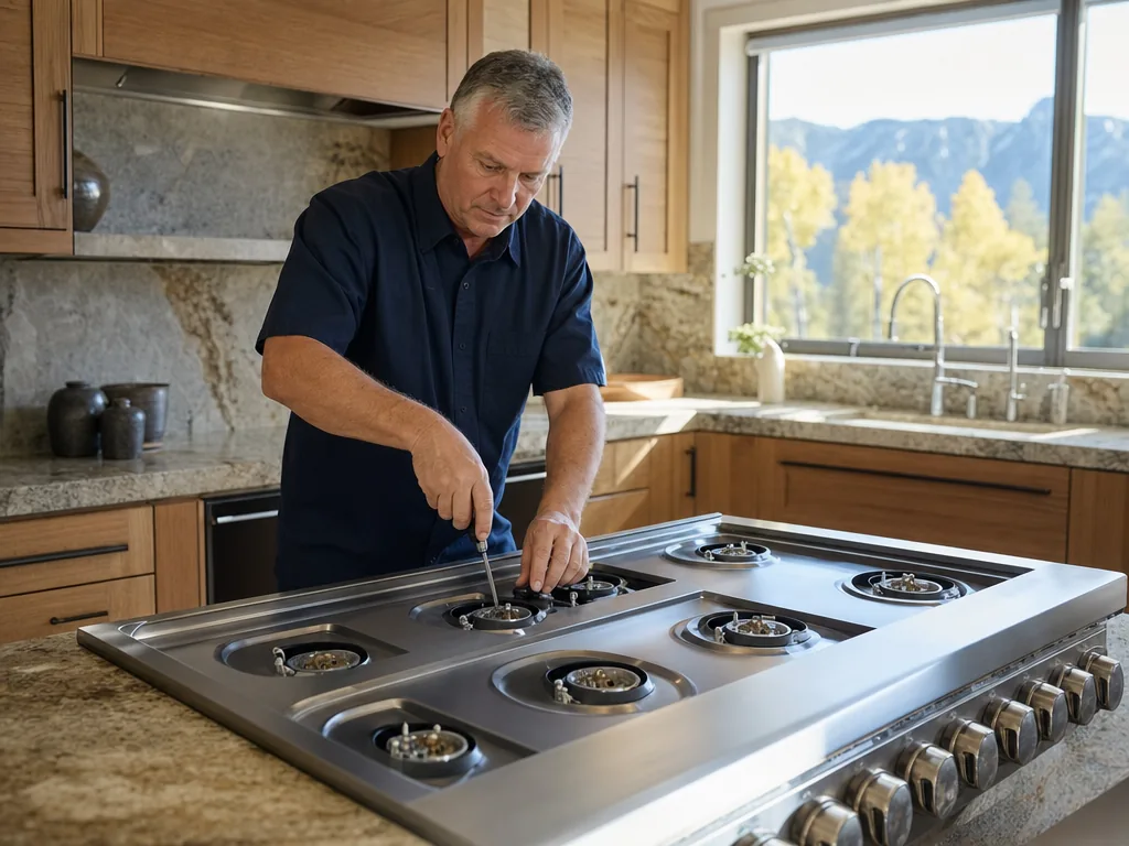 Technician repairing a built-in cooktop in a Denver kitchen