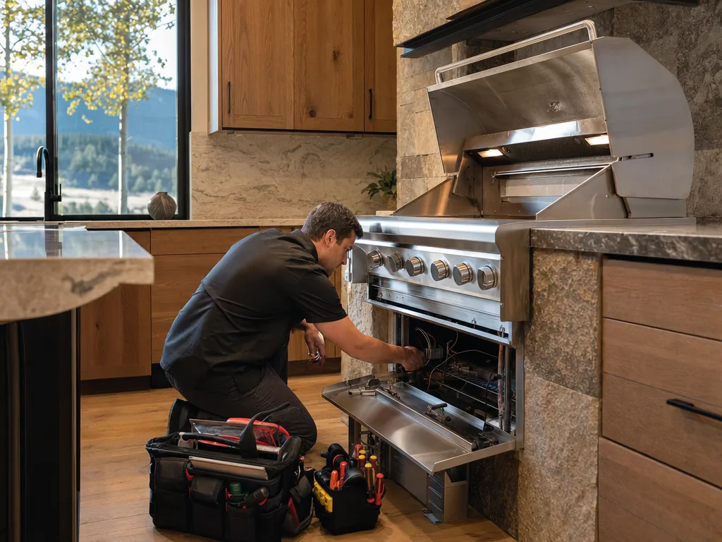 Technician servicing a DCS built-in appliance in a Denver home