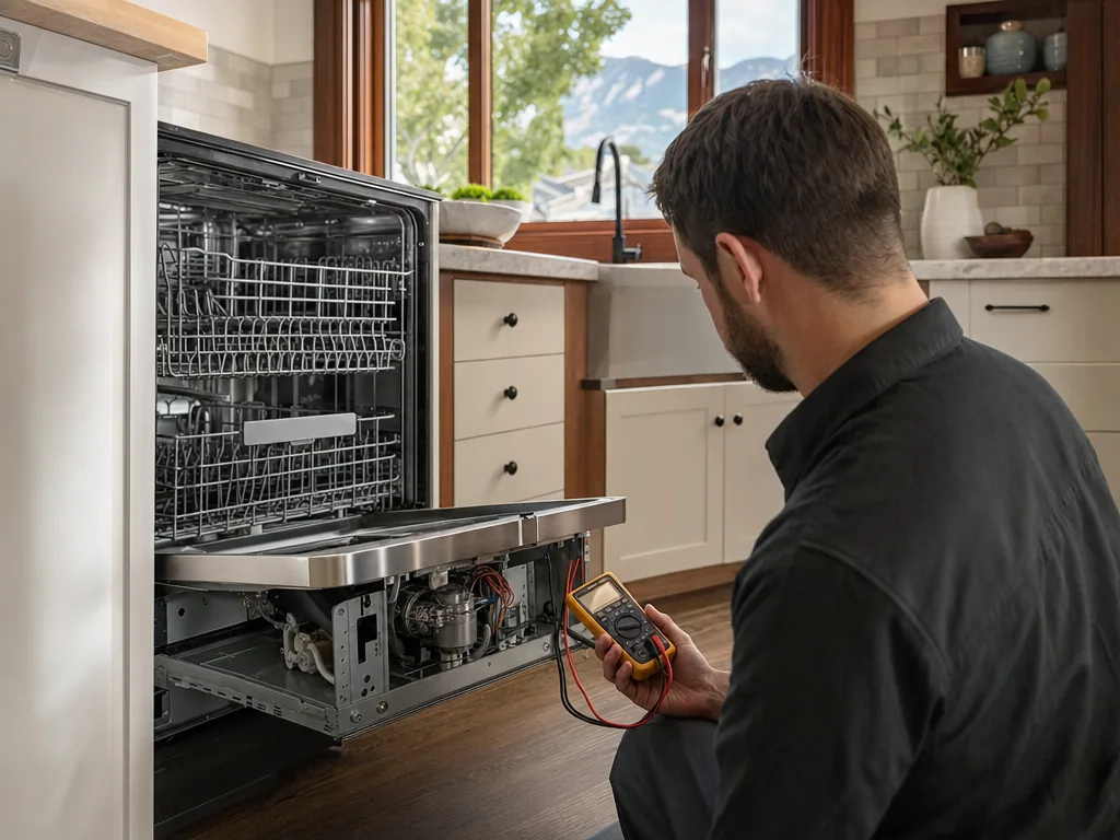 Technician repairing a built-in dishwasher in a Denver kitchen