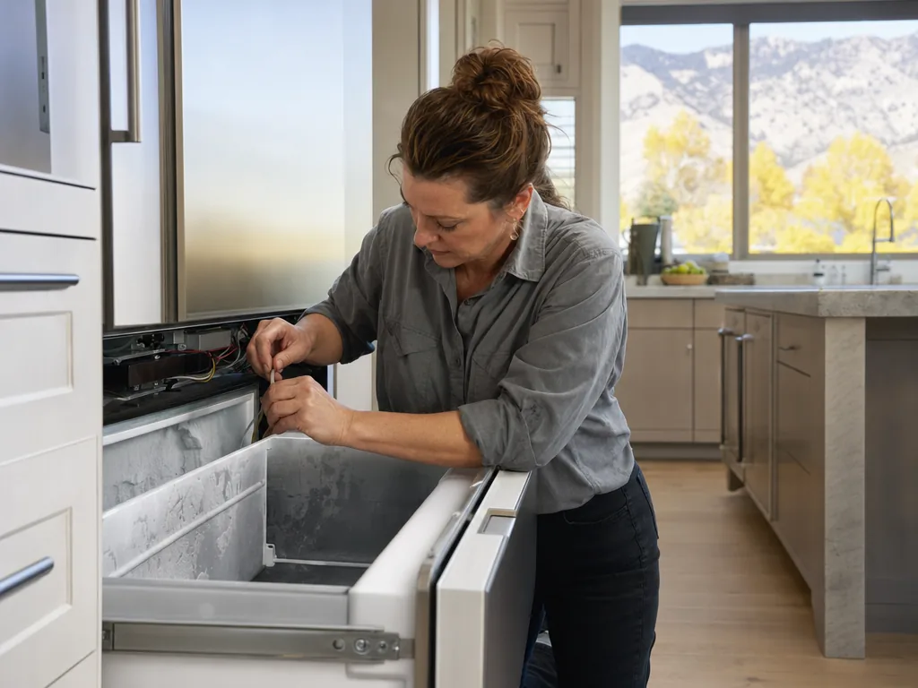 Technician repairing a built-in freezer in a Denver kitchen