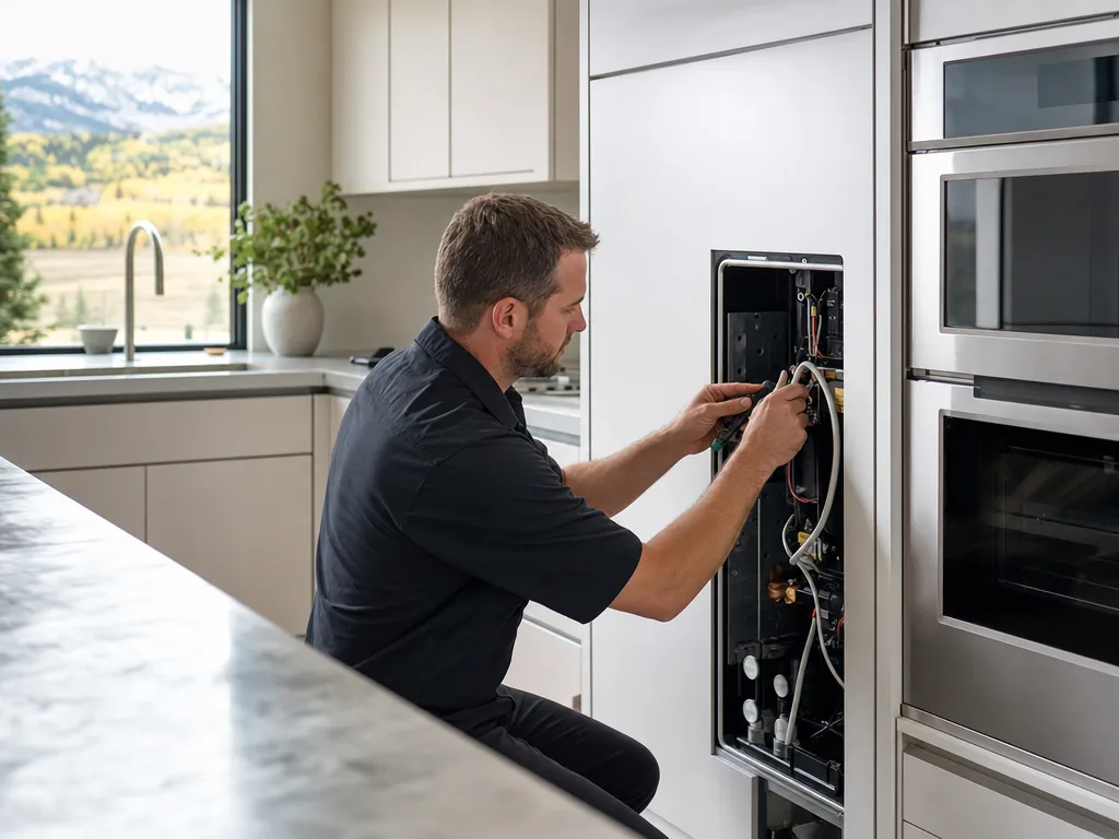 Technician servicing a GE Monogram built-in appliance in a Denver home