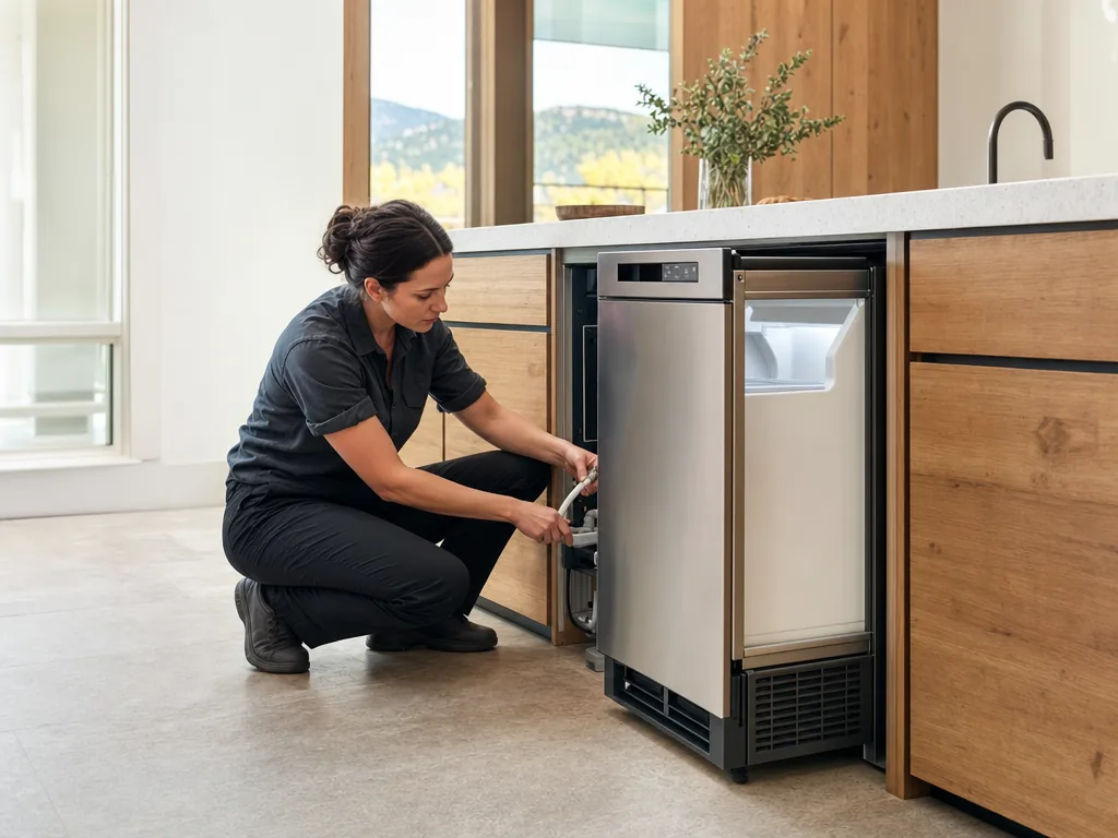 Technician repairing a built-in ice maker in a Denver kitchen