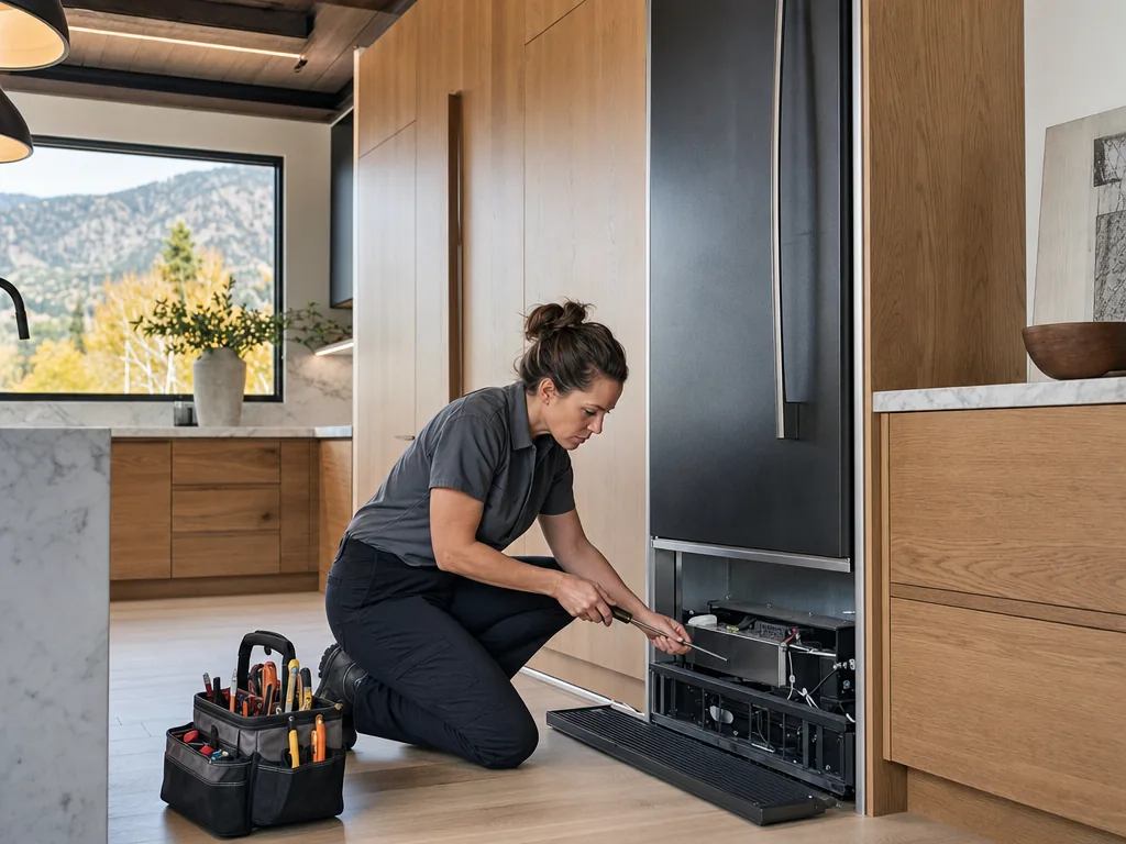 Technician servicing a JennAir built-in appliance in a Denver home