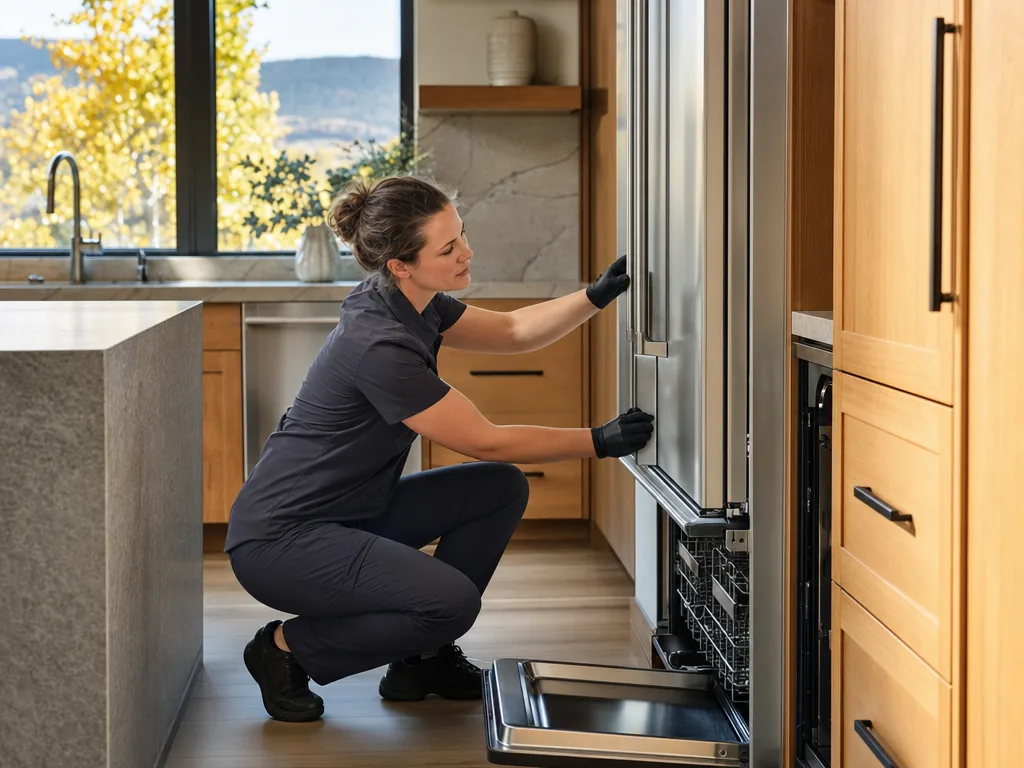 Technician servicing a KitchenAid built-in appliance in a Denver home