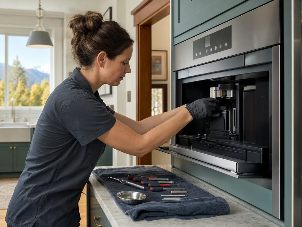 Built-in coffee system opened for repair in a Denver kitchen