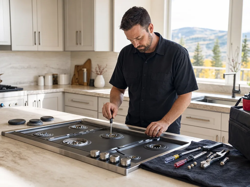 Built-in cooktop opened for repair in a Denver kitchen