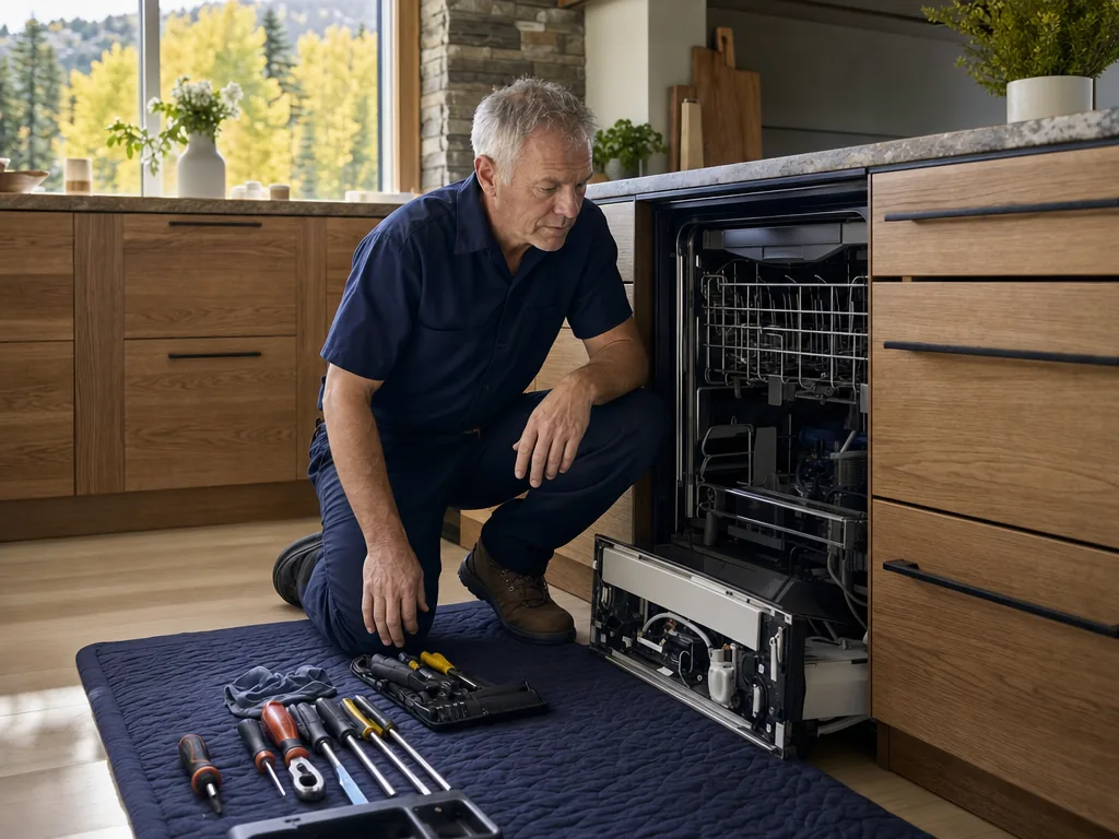 Built-in dishwasher opened for repair in a Denver kitchen