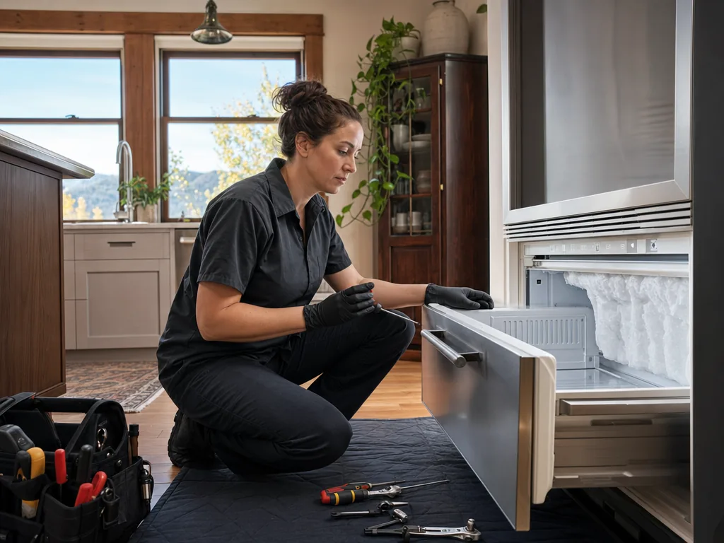 Built-in freezer opened for repair in a Denver kitchen