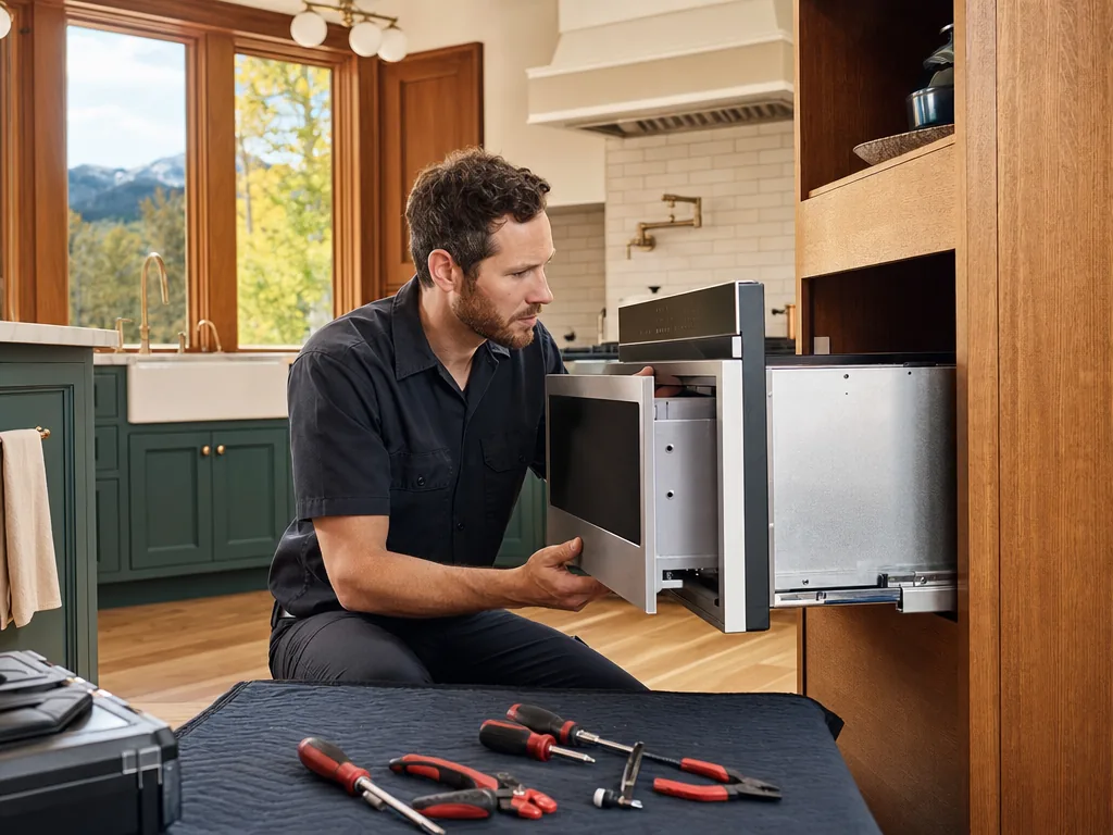 Built-in microwave opened for repair in a Denver kitchen