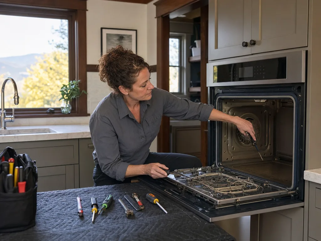Built-in oven opened for repair in a Denver kitchen