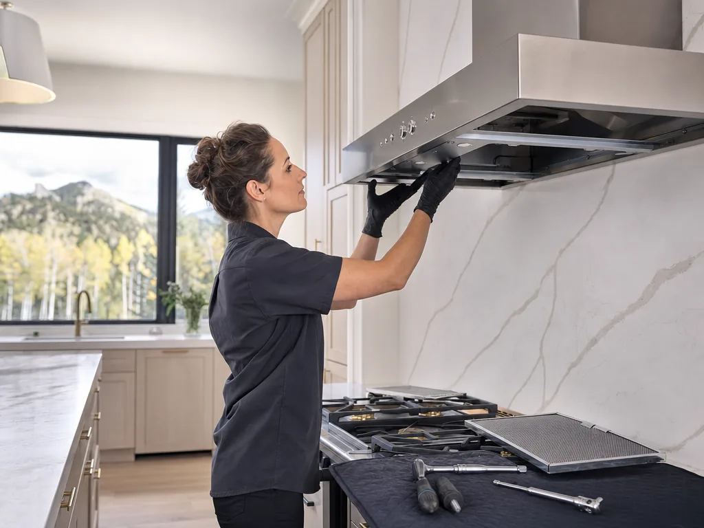 Built-in range hood opened for repair in a Denver kitchen