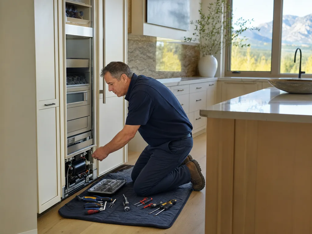 Built-in refrigerator opened for repair in a Denver kitchen