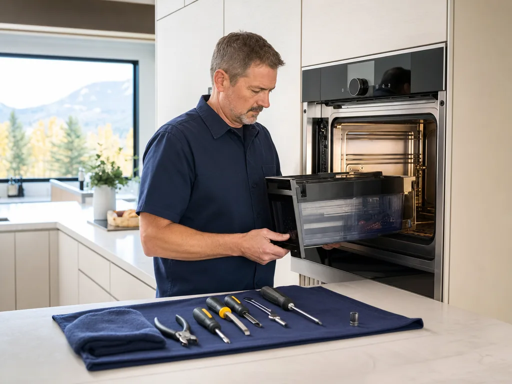 Built-in steam oven opened for repair in a Denver kitchen