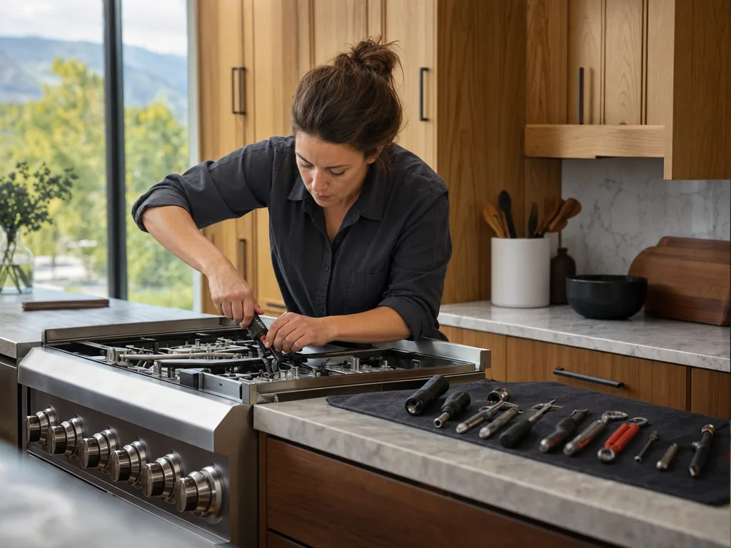 Built-in stove opened for repair in a Denver kitchen