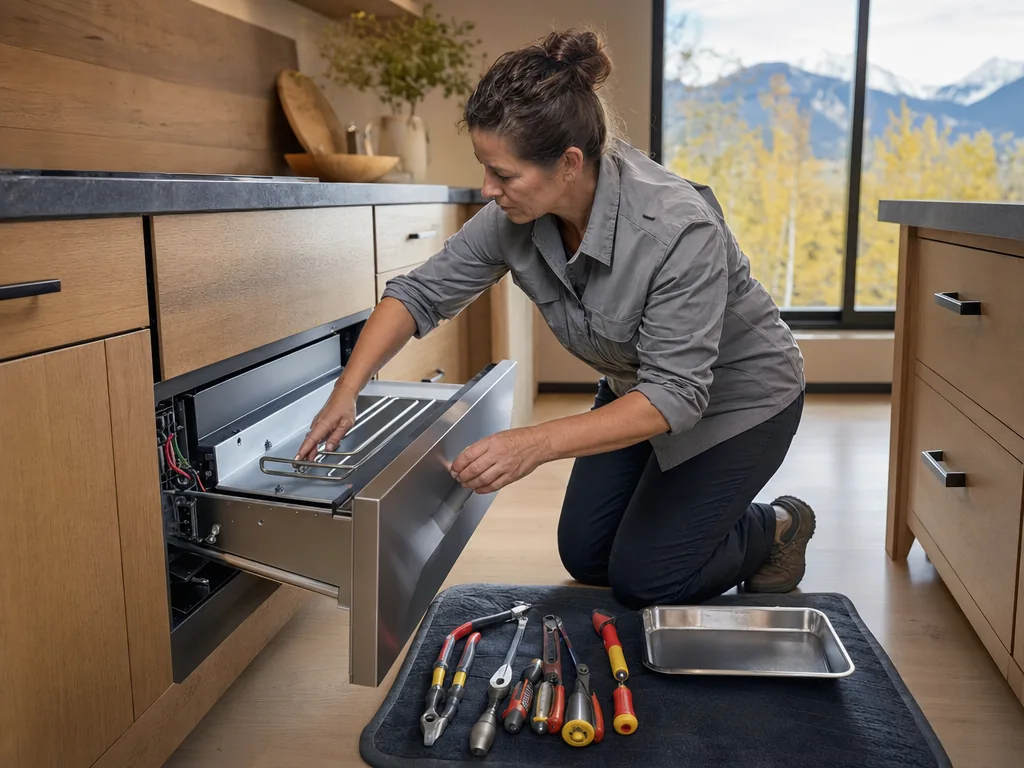Built-in warming drawer opened for repair in a Denver kitchen