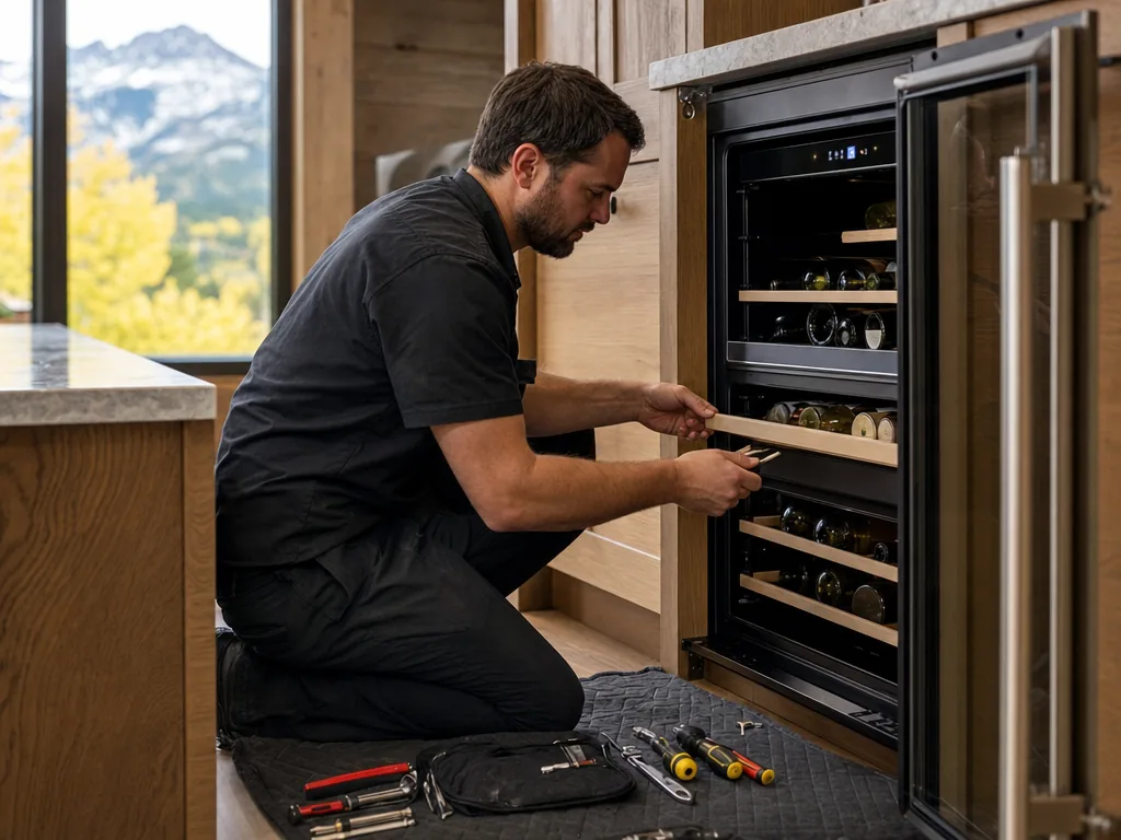 Built-in wine cooler opened for repair in a Denver kitchen