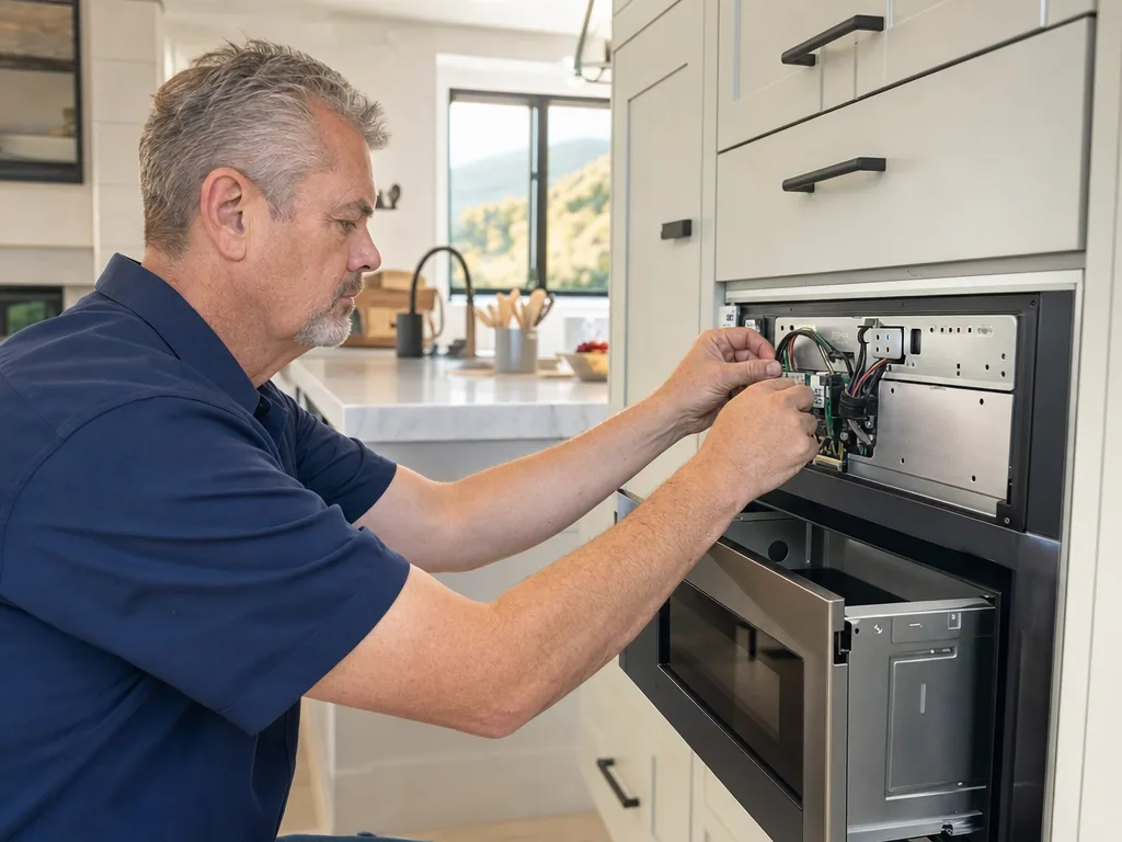 Technician repairing a built-in microwave in a Denver kitchen