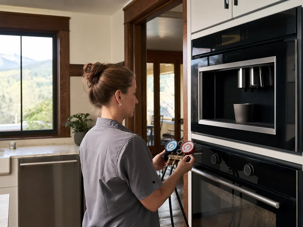 Technician servicing a Miele built-in appliance in a Denver home