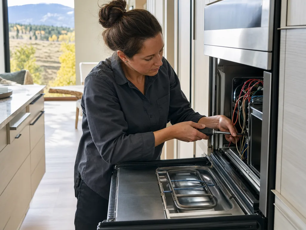 Technician repairing a built-in oven in a Denver kitchen