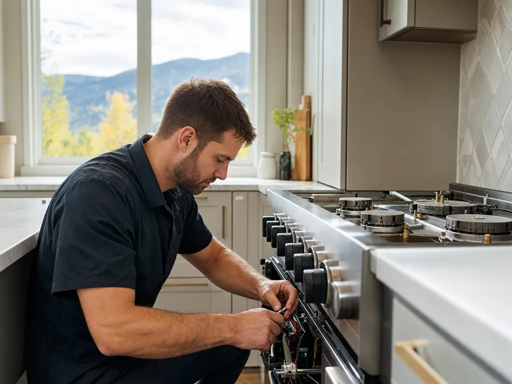 Technician repairing a built-in range in a Denver kitchen