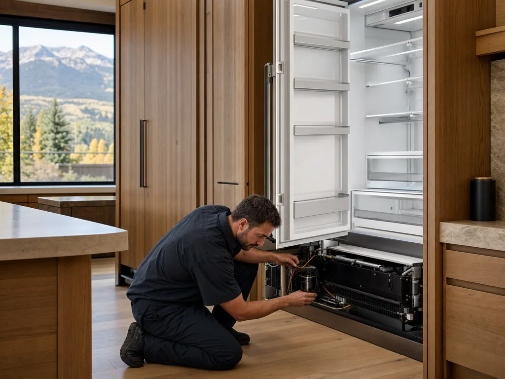 Technician repairing a built-in refrigerator in a Denver kitchen