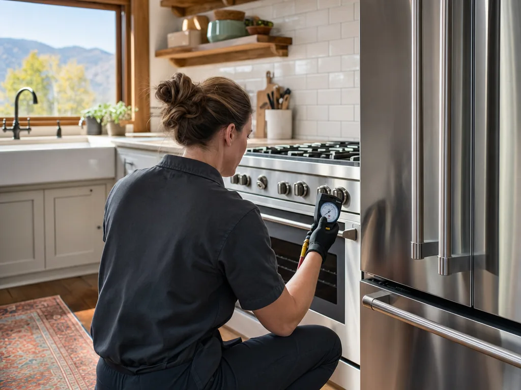 Technician servicing a Samsung built-in appliance in a Denver home