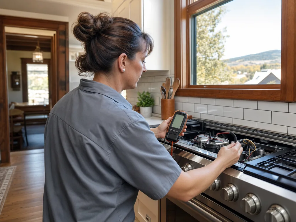 Technician repairing a built-in stove in a Denver kitchen