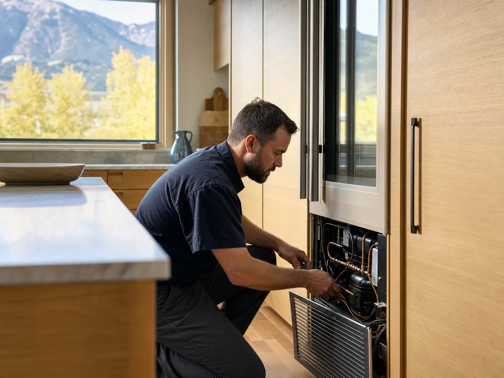 Technician servicing a built-in Sub-Zero refrigerator in a Denver kitchen