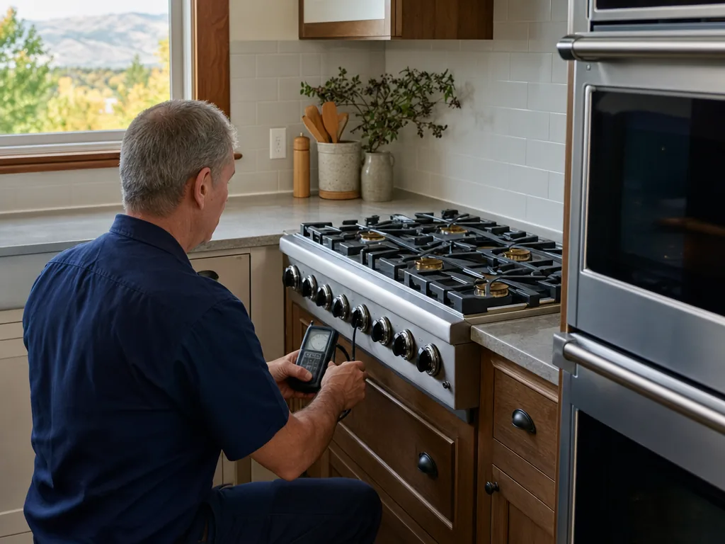 Technician servicing a Thermador built-in appliance in a Denver home