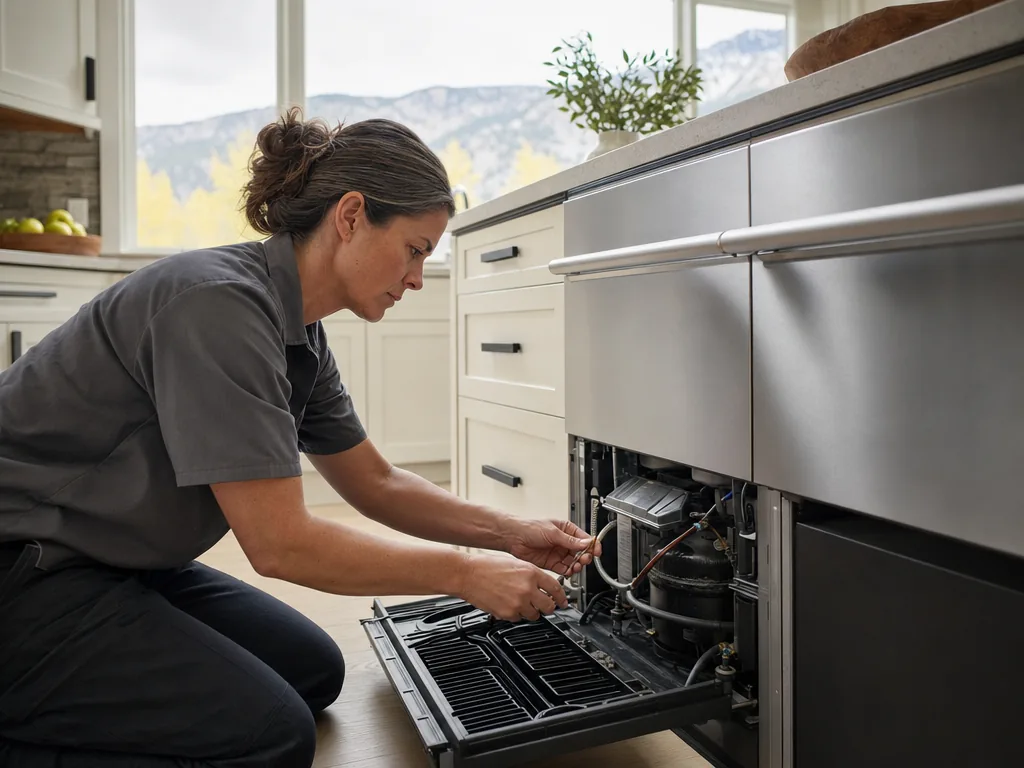 Technician servicing a U-Line built-in appliance in a Denver home