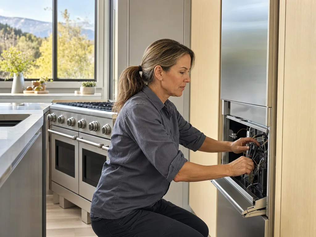 Technician servicing a Viking built-in appliance in a Denver home