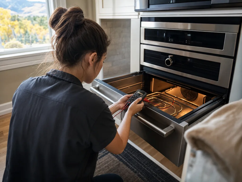 Technician repairing a built-in warming drawer in a Denver kitchen