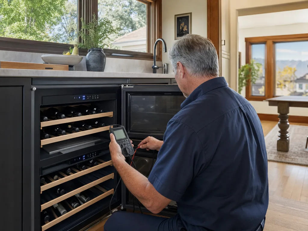 Technician repairing a built-in wine cooler in a Denver kitchen
