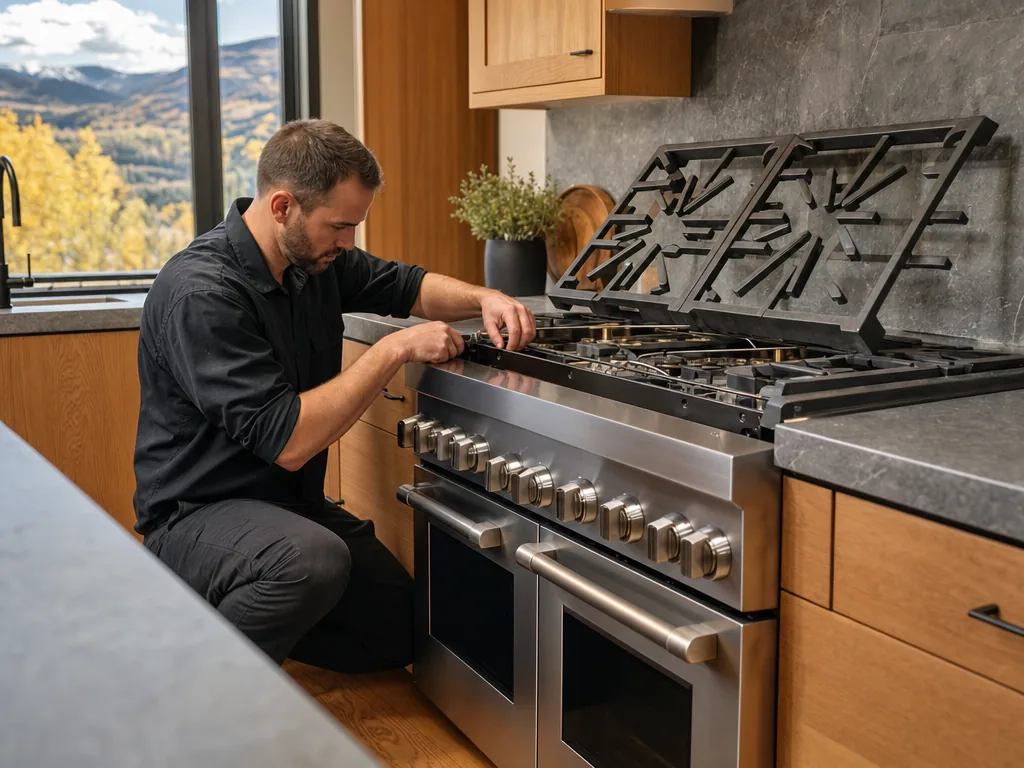 Technician servicing a Wolf built-in appliance in a Denver home